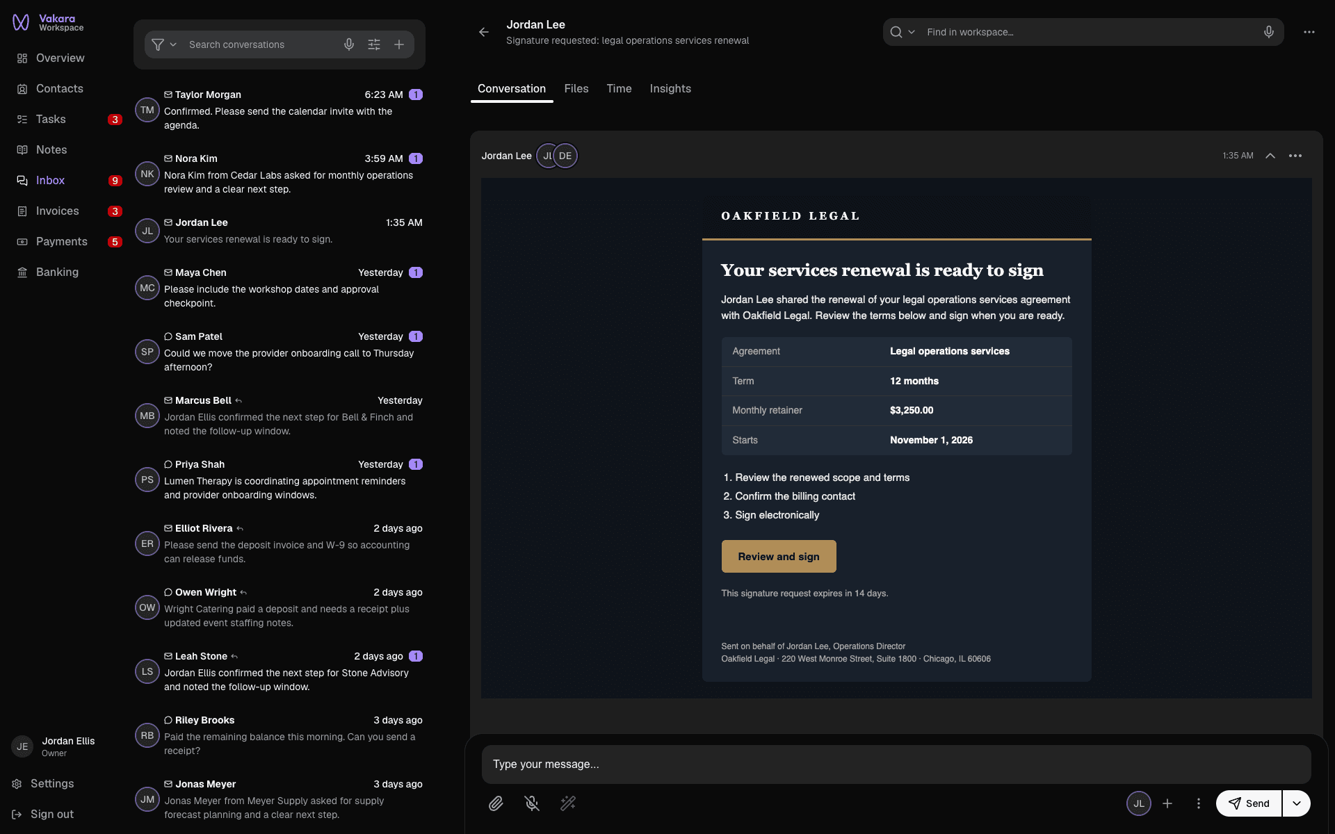 Vakara inbox showing a law firm's branded HTML email, a renewal ready to sign, rendered in its own light and dark design