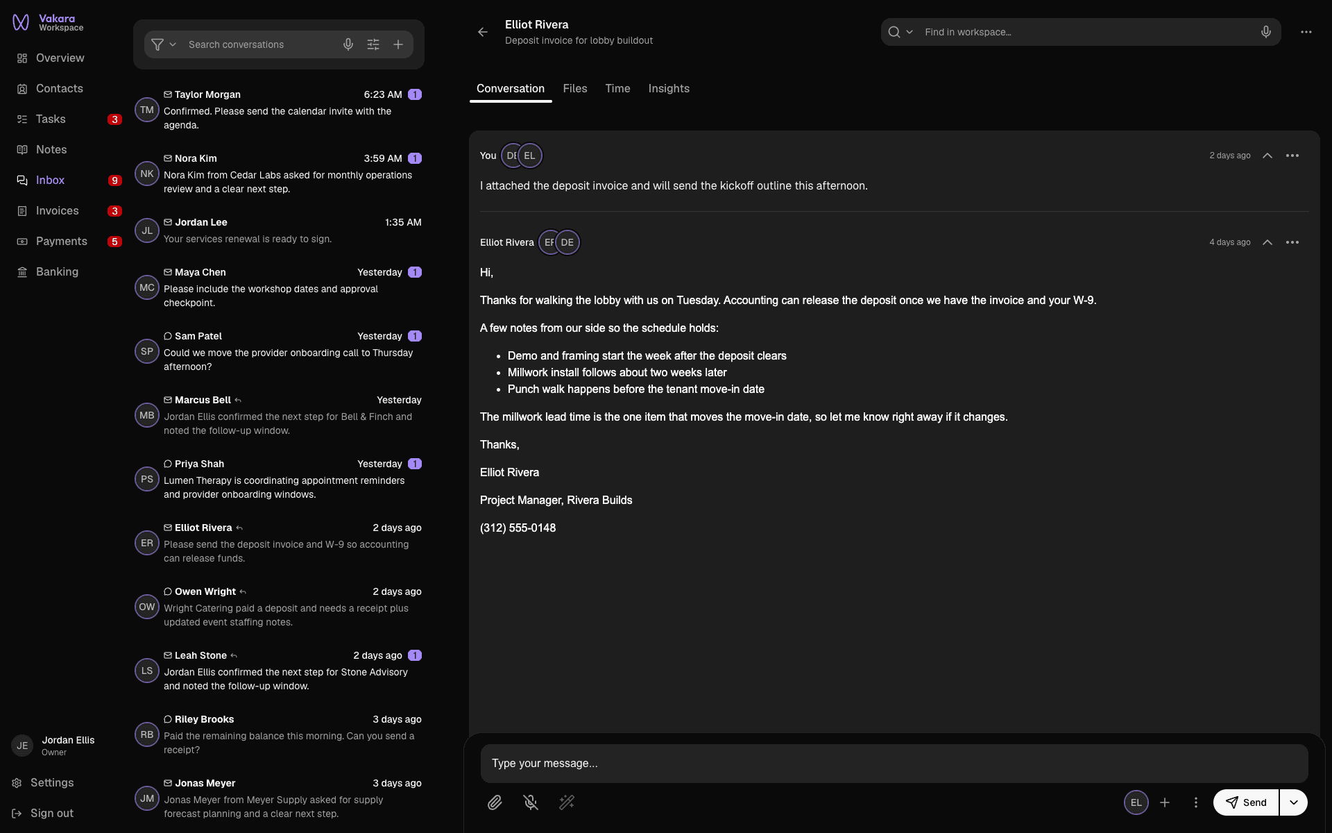 Vakara inbox showing a contractor's Outlook email rendered text-first, with its schedule list and signature
