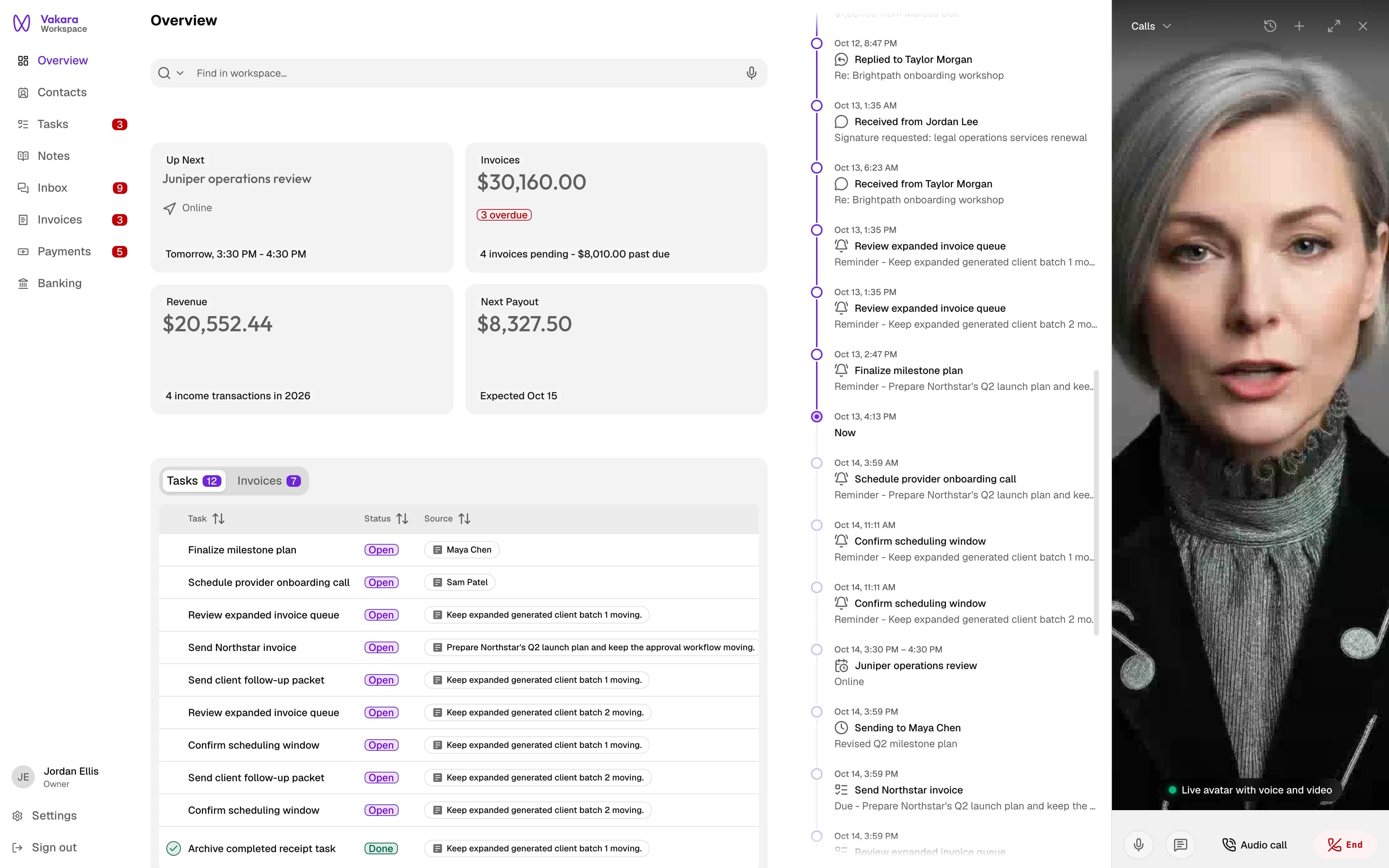 Vakara overview on desktop with V answering a voice call as a live avatar in the side panel
