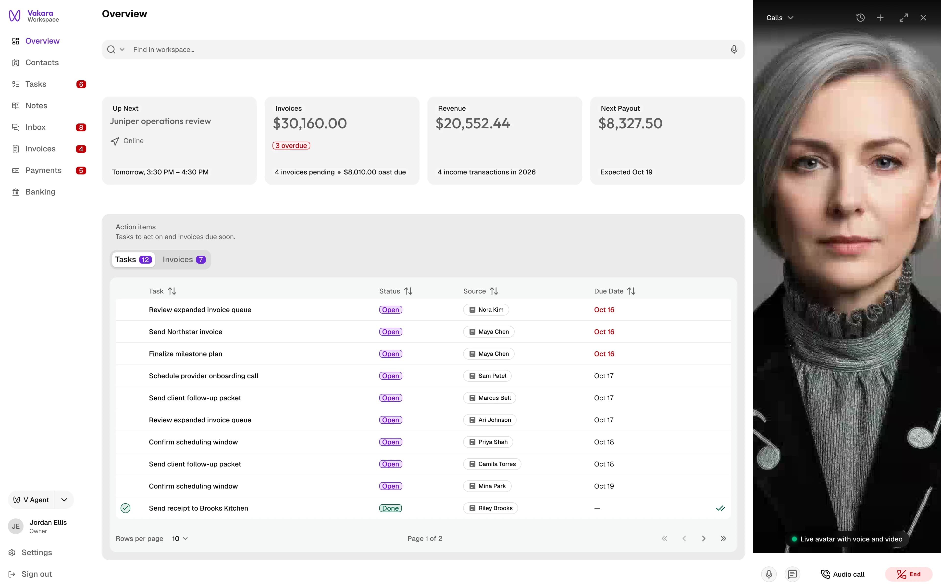 Vakara overview on desktop with V answering a voice call as a live avatar in the side panel