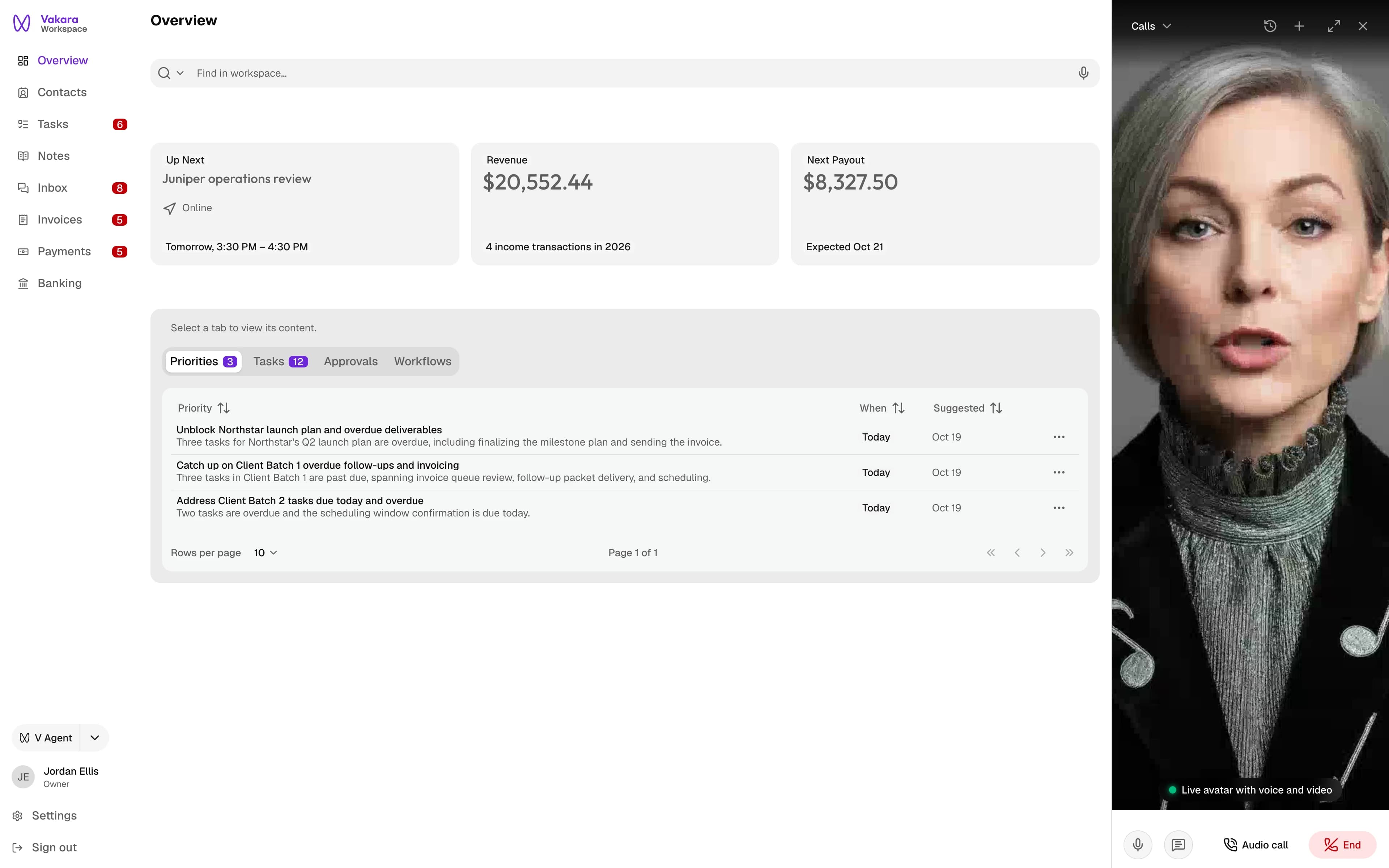 Vakara overview on desktop with V answering a voice call as a live avatar in the side panel