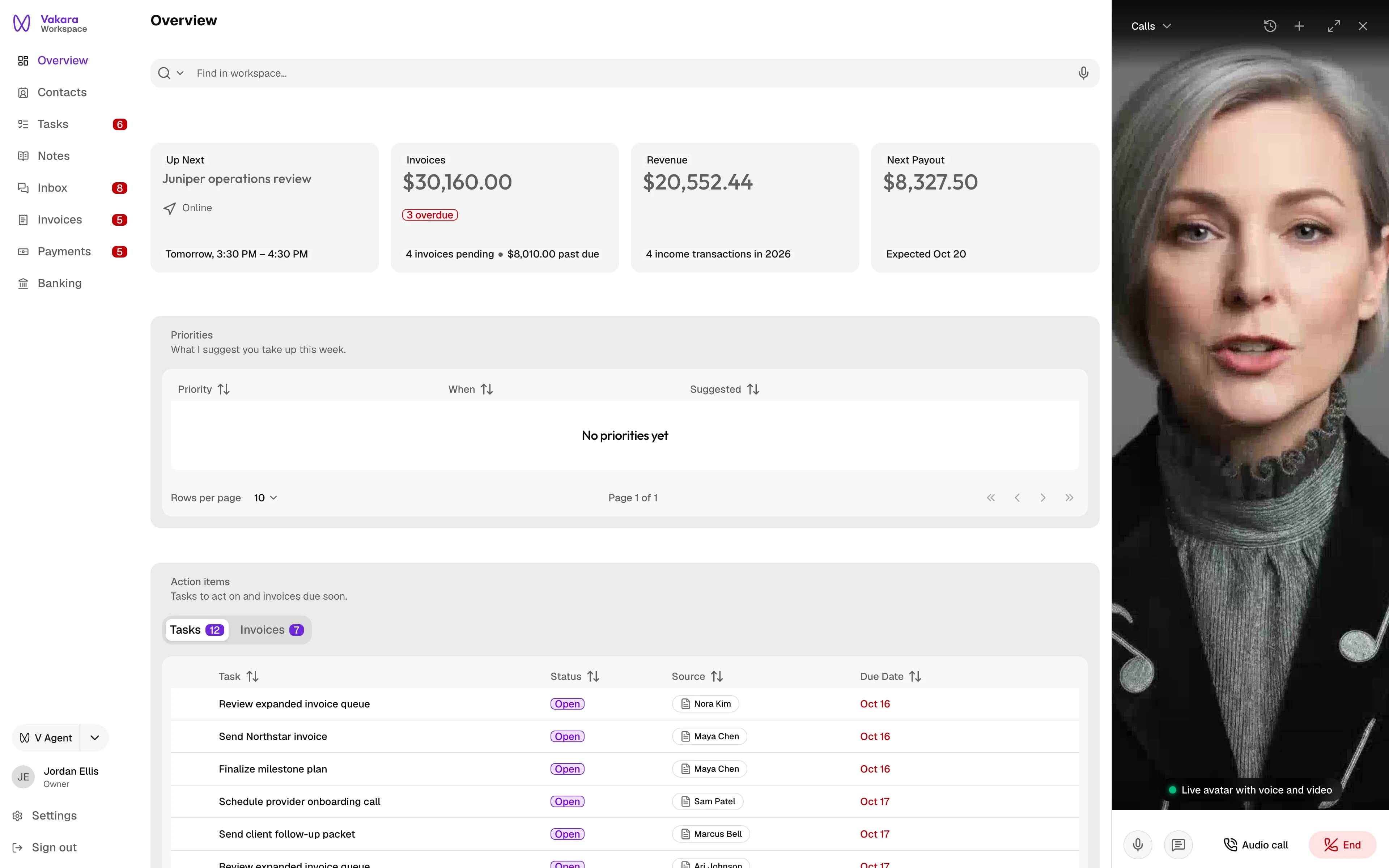 Vakara overview on desktop with V answering a voice call as a live avatar in the side panel
