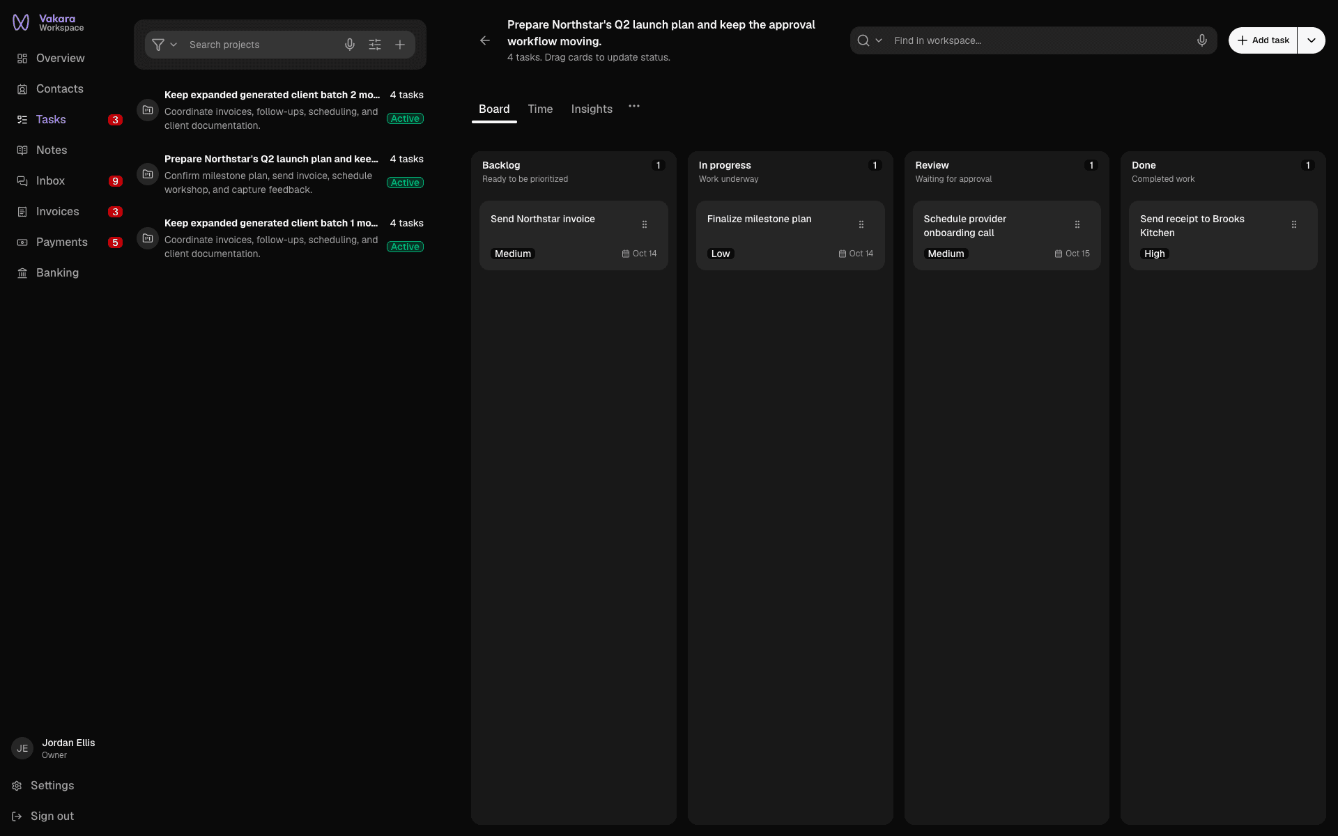 Vakara project board moving a client launch's tasks from backlog through review to done