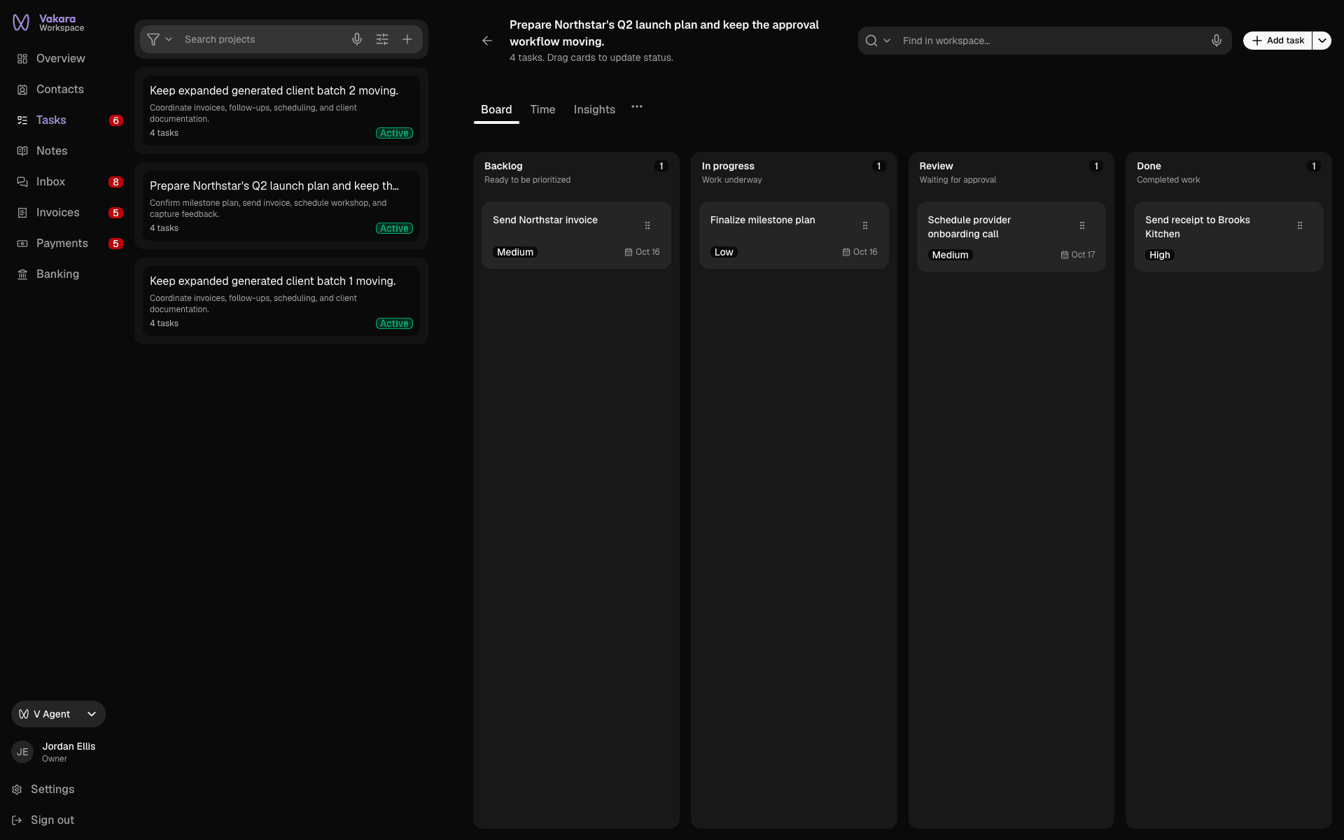 Vakara project board moving a client launch's tasks from backlog through review to done