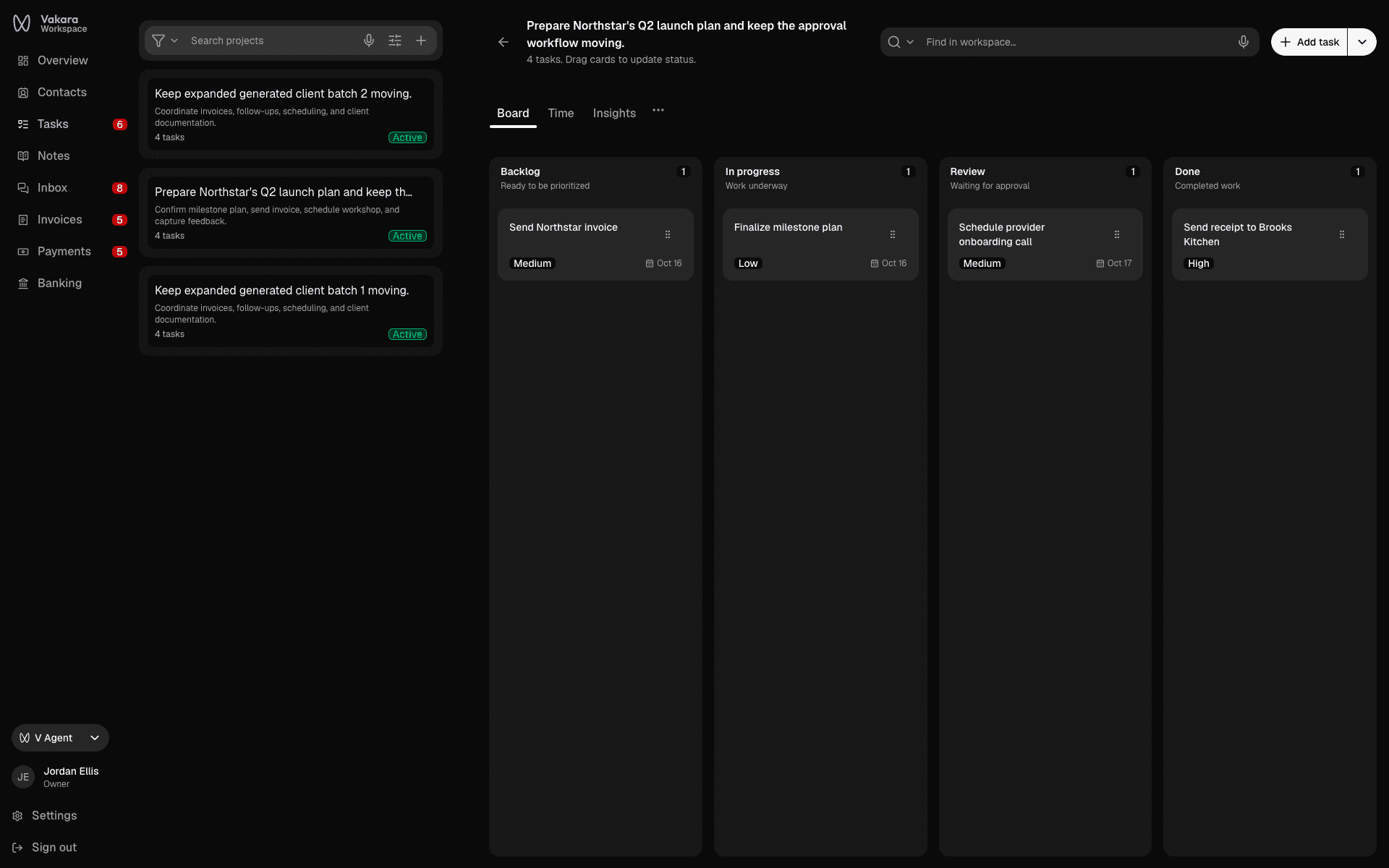Vakara project board moving a client launch's tasks from backlog through review to done