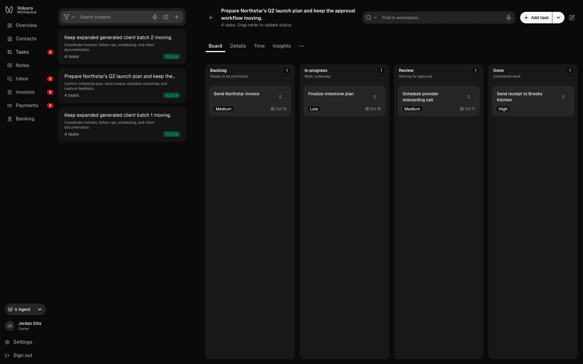 Vakara project board moving a client launch's tasks from backlog through review to done