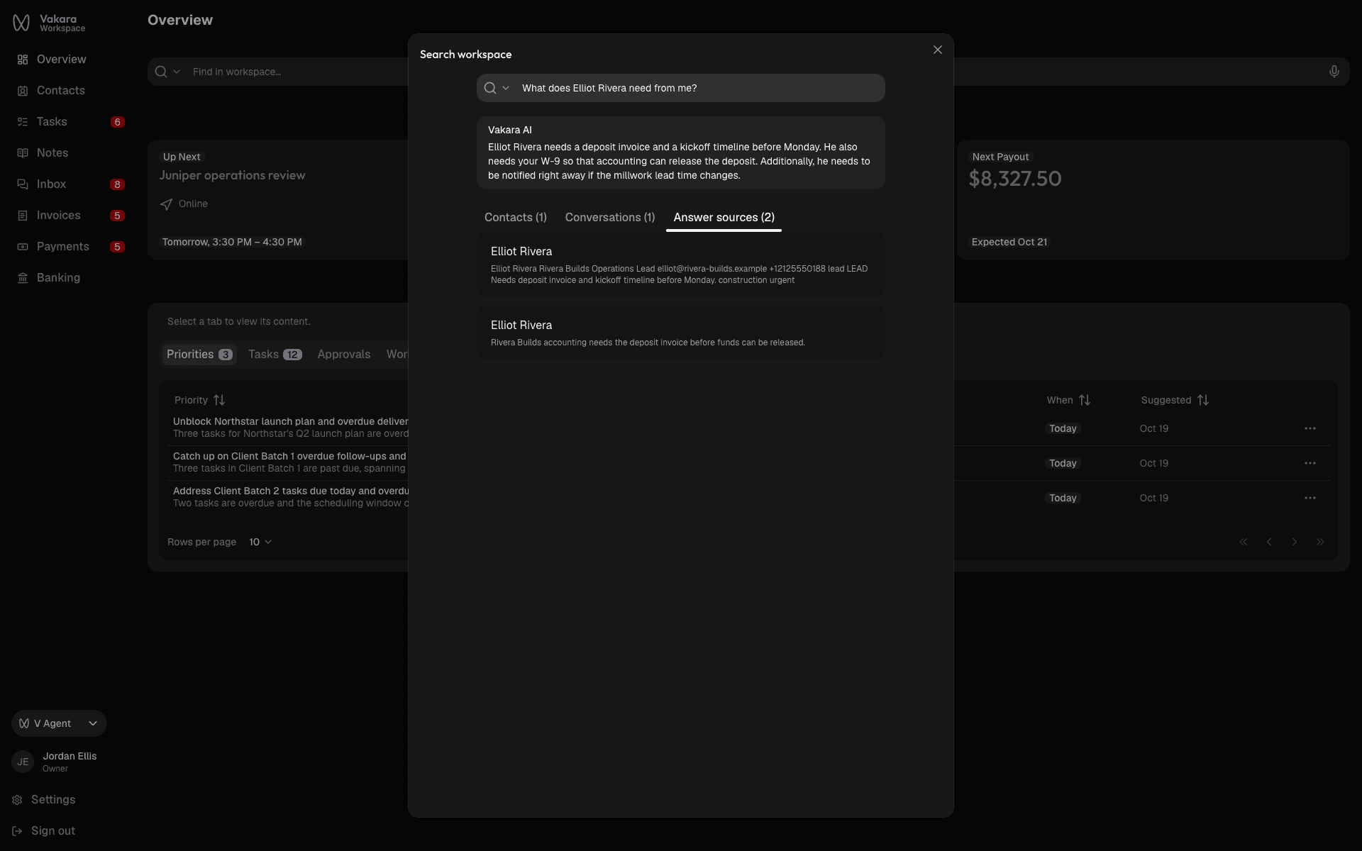 Vakara workspace search answering what a client needs, with Vakara AI's answer above the client's contact and conversation it cites as sources