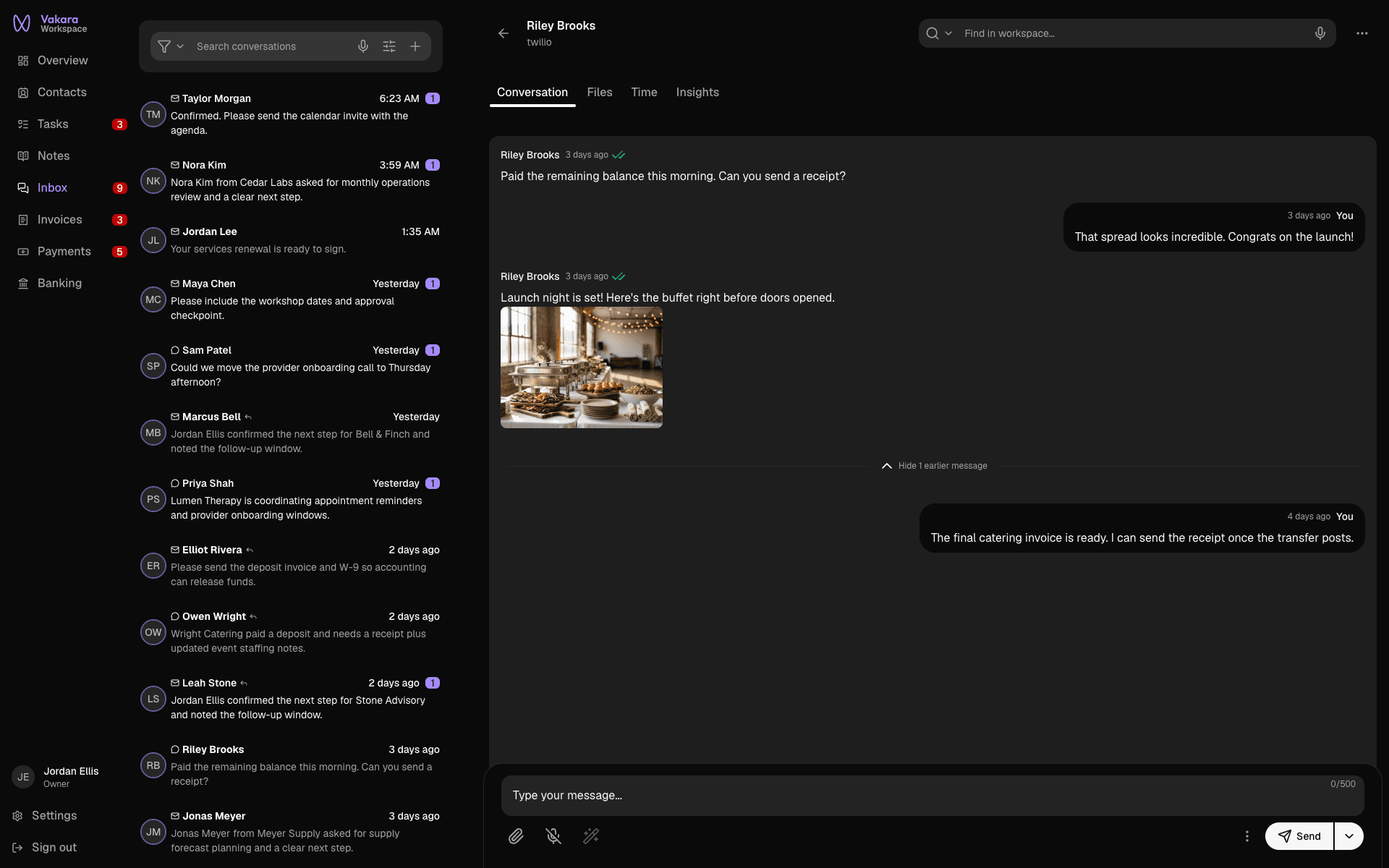 Vakara inbox showing a client's text messages, including a photo of their catering launch buffet and the replies