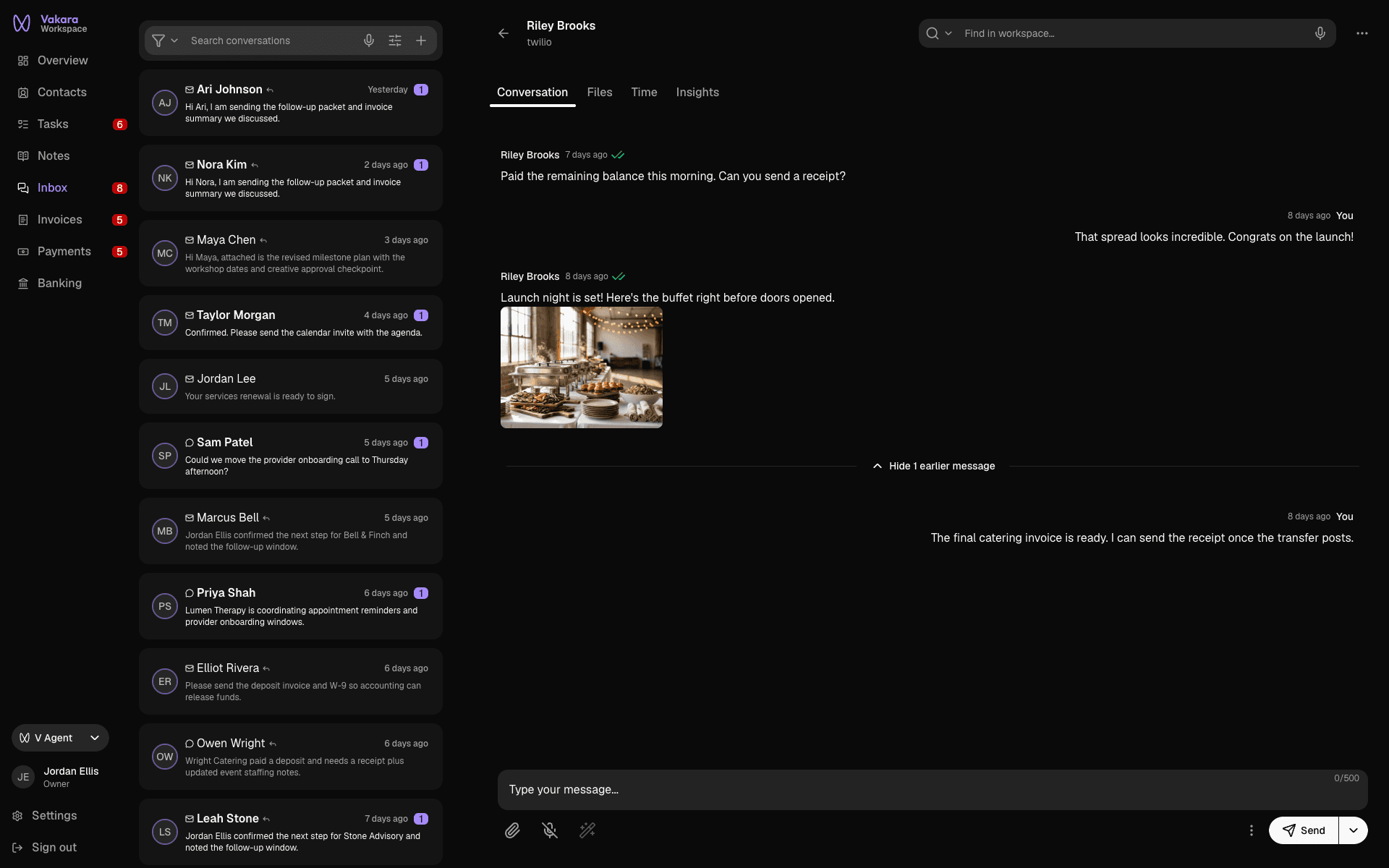 Vakara inbox showing a client's text messages, including a photo of their catering launch buffet and the replies