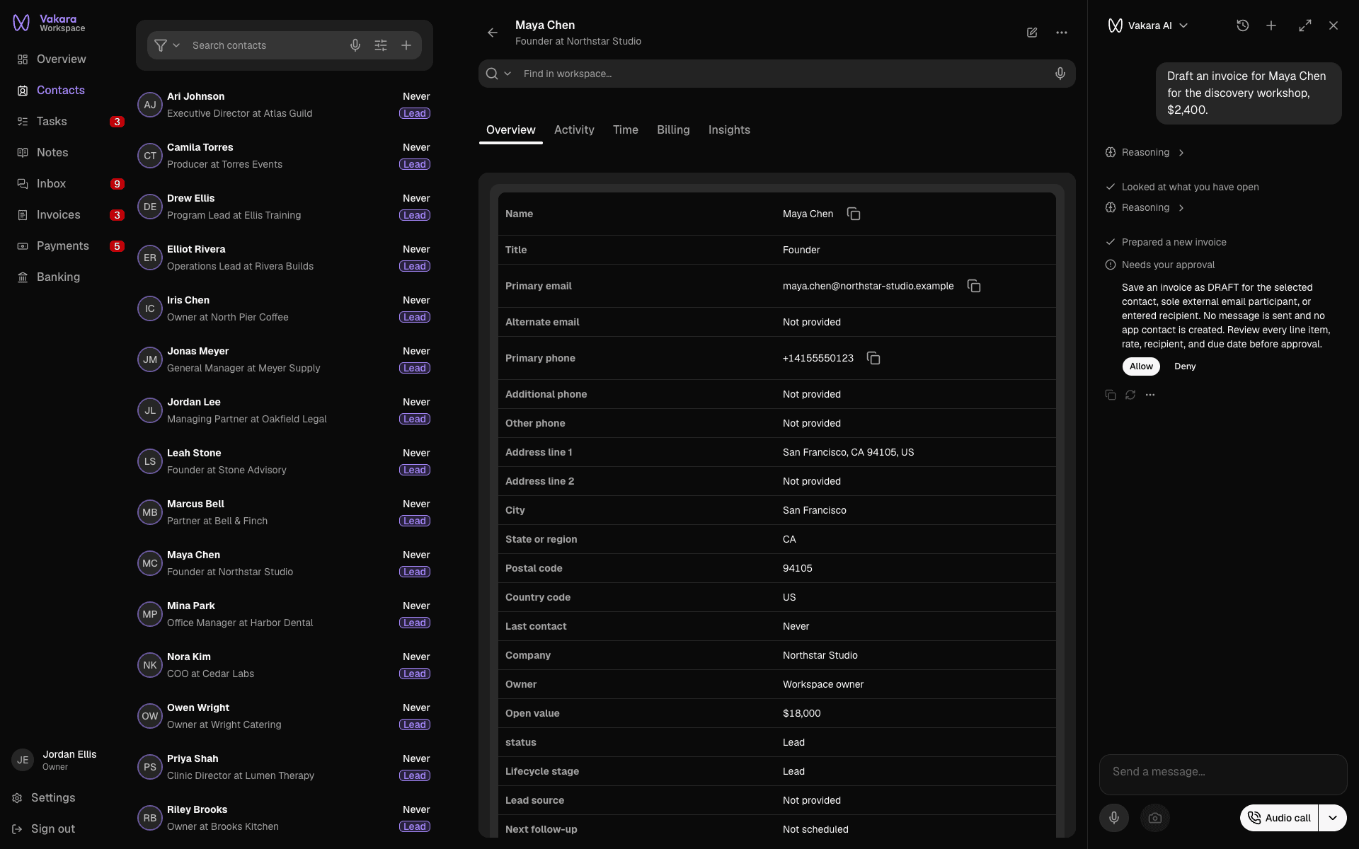 V, the Vakara agent, preparing a draft invoice for a client from a chat request and pausing for the user to allow or deny it