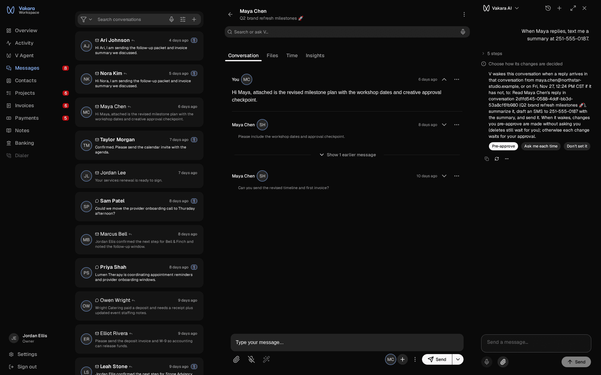 V setting a wait on a client's email thread to text the user a summary when the client replies, with the user choosing whether to pre-approve it