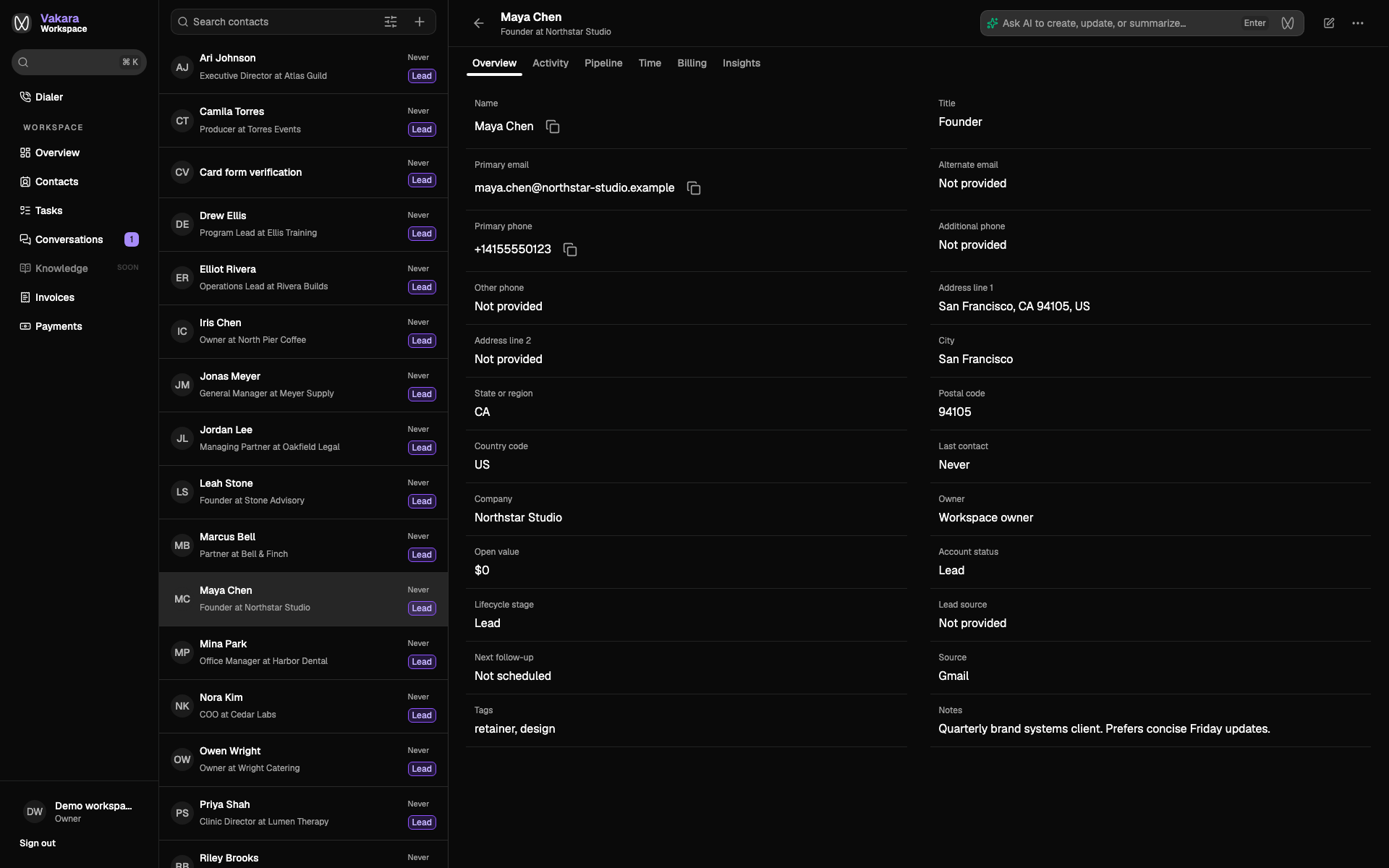 Vakara contact profile showing company, communication details, and account status