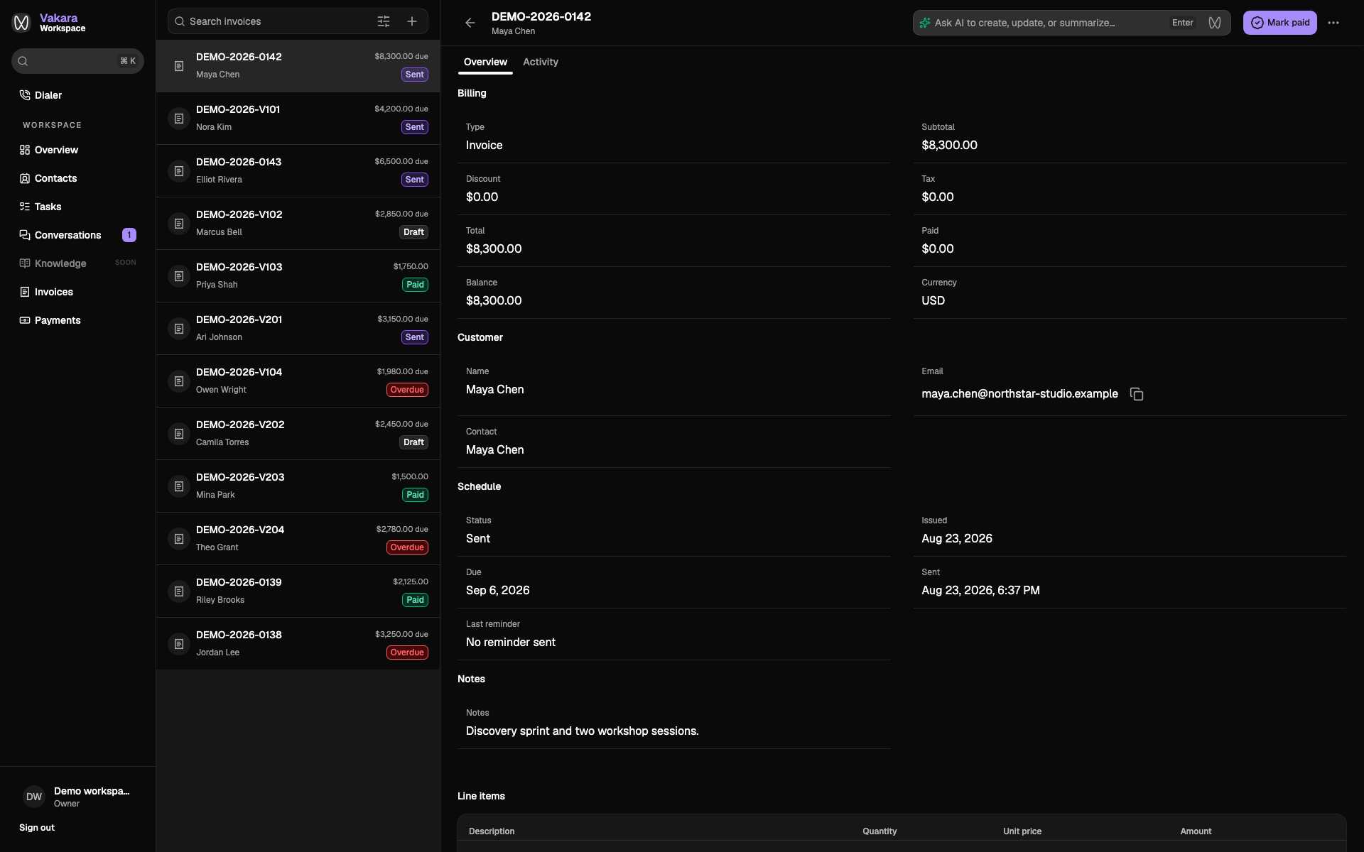 Vakara invoice detail showing billing, customer, and line item information