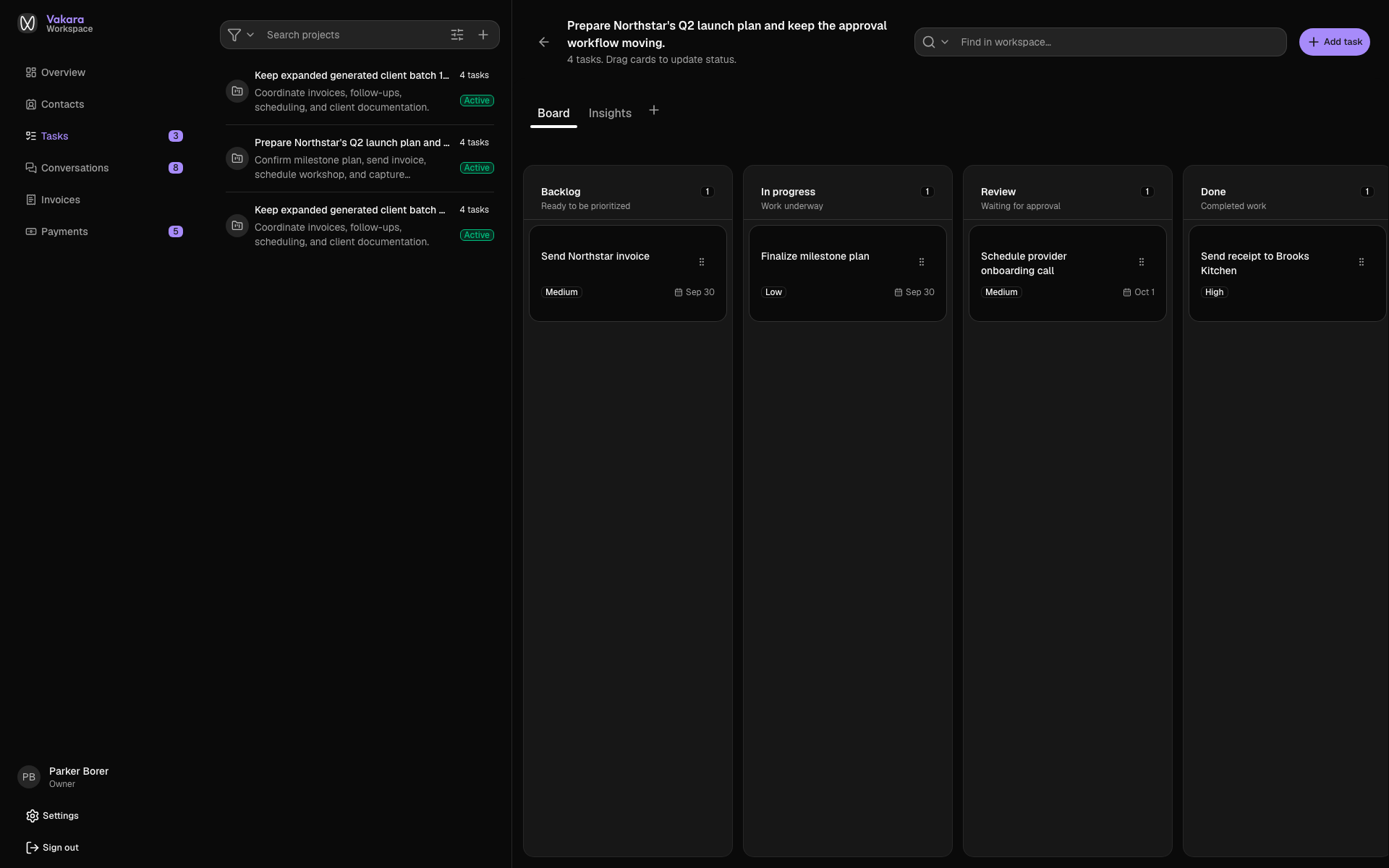 Vakara project board moving a client launch's tasks from backlog through review to done